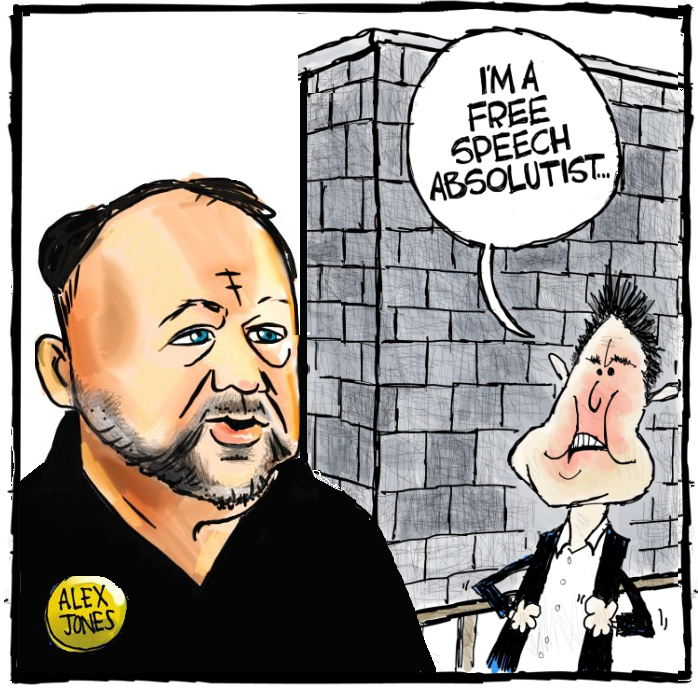 Elon Musk Free Speech Absolutist and Alex Jones Political Cartoon