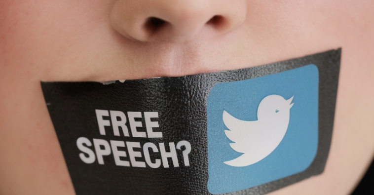 Mouth covered by black tape with printed words showing "FREE SPEECH" and the Twitter logo.