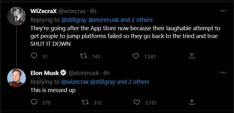 Tweet with Elon and WiZecraX regarding Twitter and App Store - This is so messed up